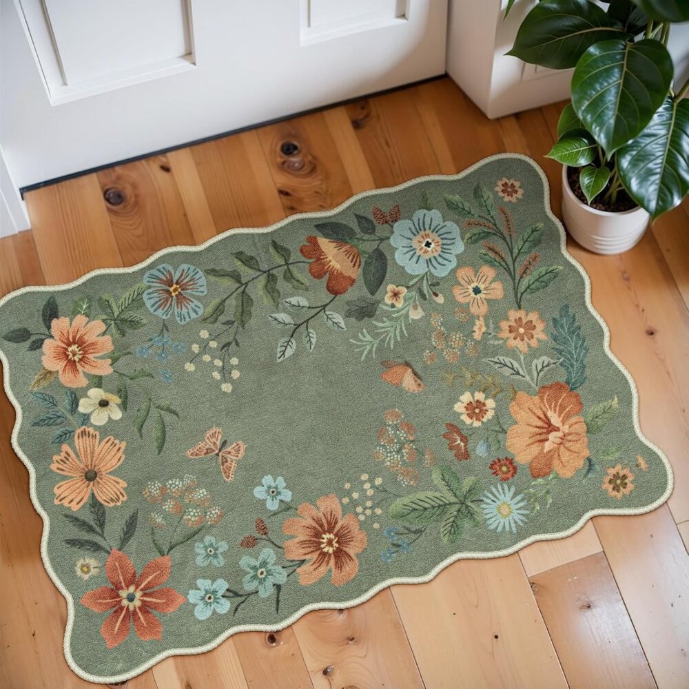 New 2x3 Floral Entryway Mat, Washable Ultra-Thin Non-Slip Area Rug - Green